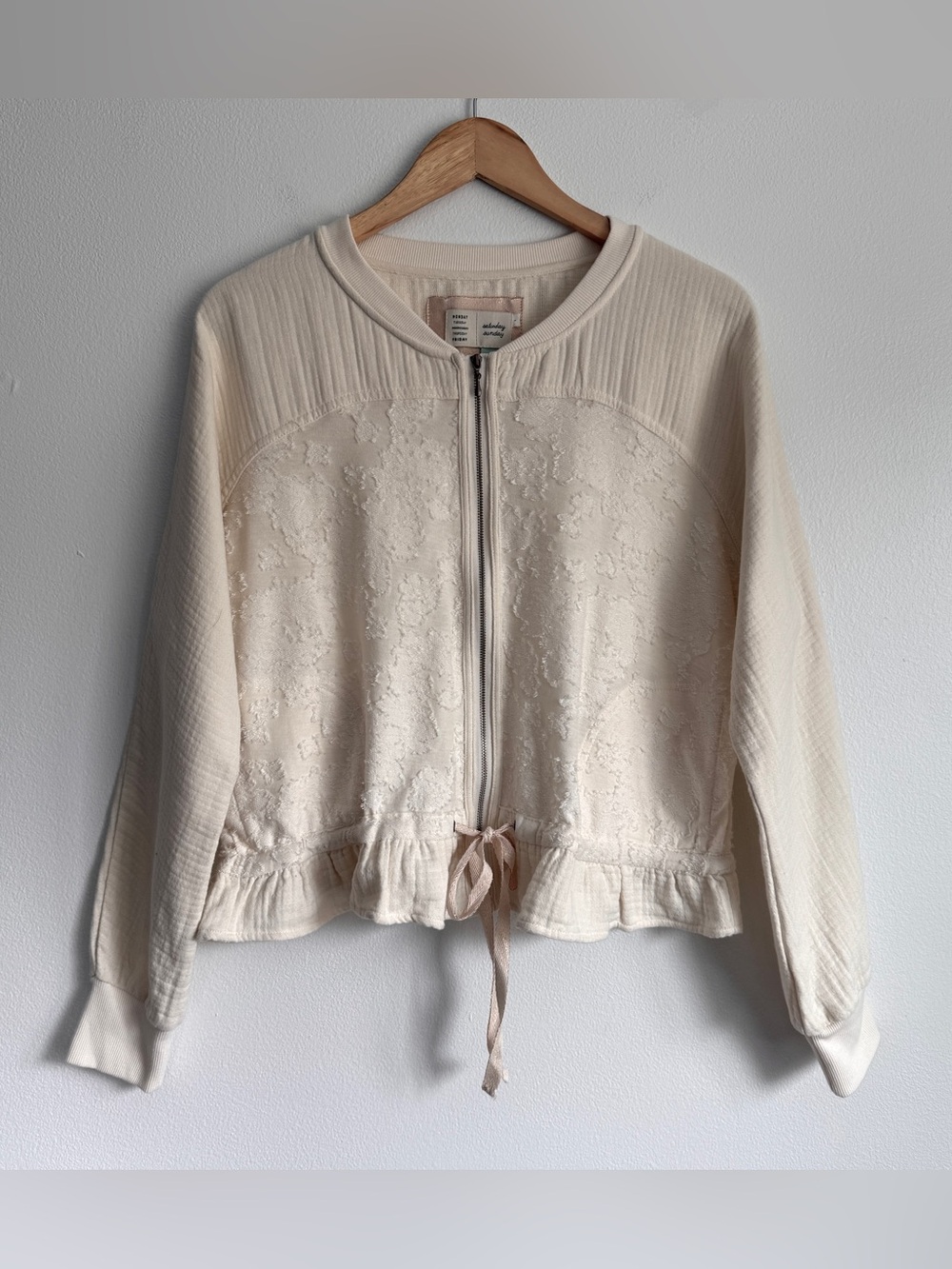 Anthropologie Saturday Sunday Cream Long Sleeved Sz SMALL  Zip Up Sweater Jacket